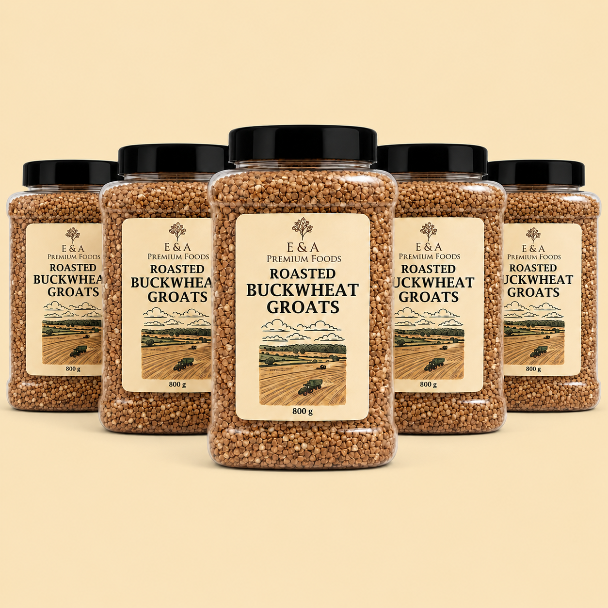 Five clear plastic jars of E&A Premium Foods Roasted Buckwheat Groats arranged in a fan shape on a solid beige background. The center jar is fully visible, with four jars partially obscured behind it on each side.