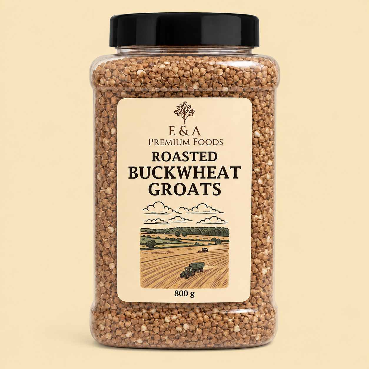 A 800g clear plastic jar of E&A Premium Foods Roasted Buckwheat Groats with a black lid and cream label, set against a solid pale beige background.